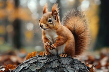 Fototapeta premium Red Squirrel Sitting on a Burnt Tree Trunk in Autumn Woods