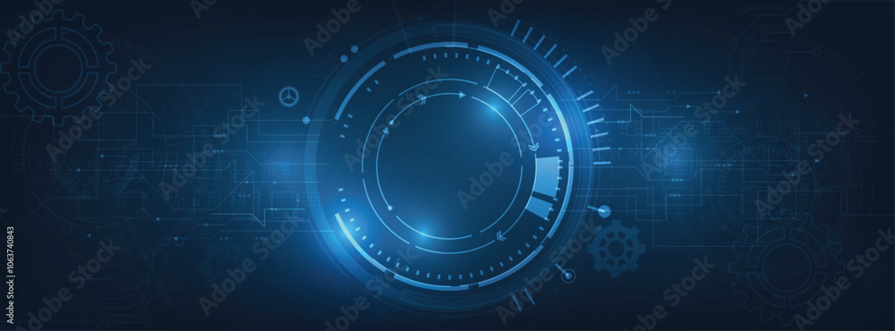 Fototapete Abstract digital blue background with a glowing circular interface and circuit patterns, symbolizing advanced technology and innovation.