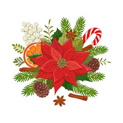 Christmas flowers. A vibrant holiday wreath featuring red poinsettias, green leaves, and white berries arranged for festive decoration during winter
