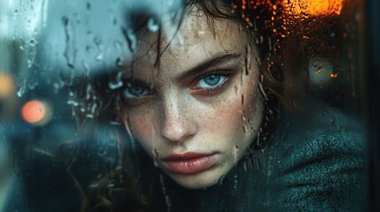 A young woman with an intense gaze peers through raindrops on a window pane, creating an evocative image of solitude and emotional connection in nature.