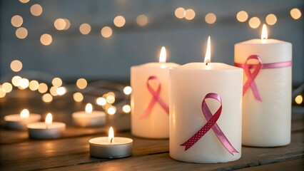 Multiple lit candles adorned with cancer awareness ribbons, surrounded by a softly blurred background of glowing bokeh lights.