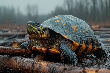 Obraz premium A Black-and-Yellow Turtle Perched on a Fallen Log