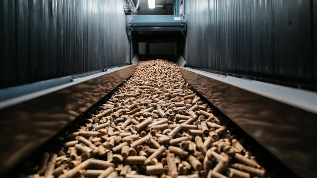 Wood pellets being transported on a conveyor belt in a processing facility during daylight hours