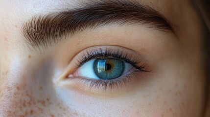 A young person with expressive blue eyes is highlighted in this close-up, revealing intricate details of the iris, lashes, and freckles surrounding the eye, emphasizing natural beauty.
