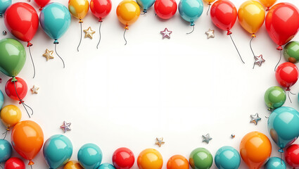 Holiday festive banner with colorful balloons border on the white background with copy space