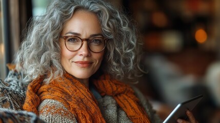 relaxed middleaged woman with curly hair holding a tablet and looking away with a content smile seated on a cozy sofa in a modern living room perfect for lifestyle imagery