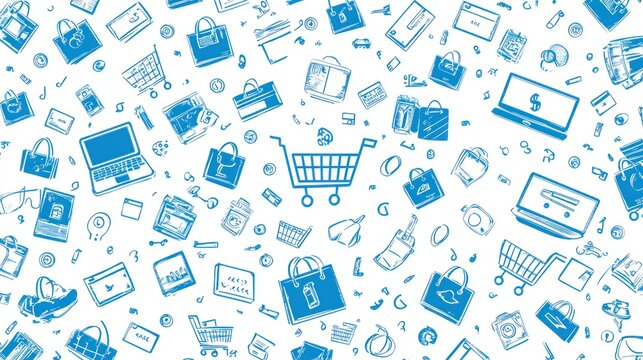 Cyber Monday pattern with small icons like shopping carts, laptops, and sale tags in blue and white