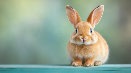 Obraz premium A cute, fluffy rabbit sitting on a teal surface, capturing attention with its bright blue sparkling eyes, evoking feelings of warmth and tenderness.