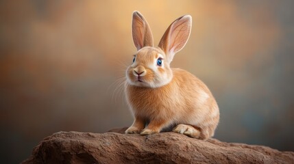 Fototapeta premium A cute rabbit with blue eyes sits perched on a rock, framed against a softly focused, warm background, evoking feelings of peace and innocence.