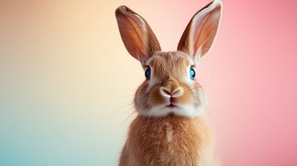 Obraz premium A charming rabbit with expressive blue eyes is captured against a softly blended gradient background, exuding an air of curiosity and warmth.