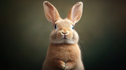 Obraz premium A fluffy rabbit stands adorably on its hind legs, gazing intently forward, framed perfectly against a softly blurred green-toned backdrop.