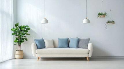 Modern living room with a stylish sofa and green plant white minimalist