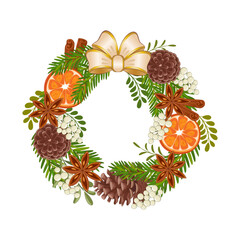 Christmas flowers wreath. A vibrant holiday wreath featuring pine cone and oranges arranged for festive decoration during winter isolated