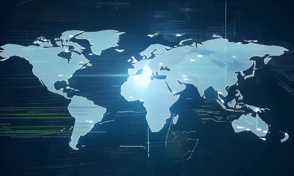 A digital cloud emitting streams of information, a global map to indicate data transfer.