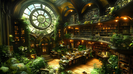 Obraz premium Enchanted Library with Lush Greenery - Illustration