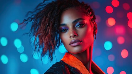 An expressive close-up portrait, showcasing vibrant hues and dynamic shadows, highlighting the subject's confident pose amid glowing bokeh effects.
