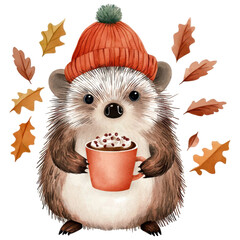 Cute hedgehog holding a cup of hot chocolate in a cozy orange hat with autumn leaves.