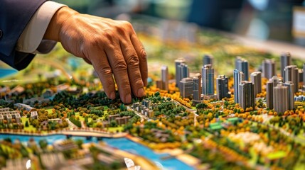 A man is pointing at a model of a city with a green park