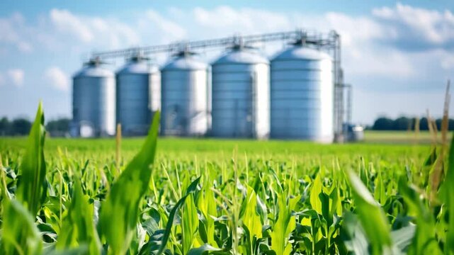 Cornfield with silos in the background during a sunny day in a rural area, showcasing agricultural life and farming