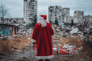Fototapeta premium Santa Claus, holding a stack of colorful presents, stands in the midst of a devastated urban landscape, surrounded by damaged buildings and rubble.