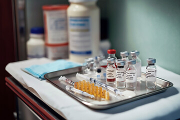 Selection of small medicine vials, syringes, and single-dose injections on a sterile tray in a hospital room.