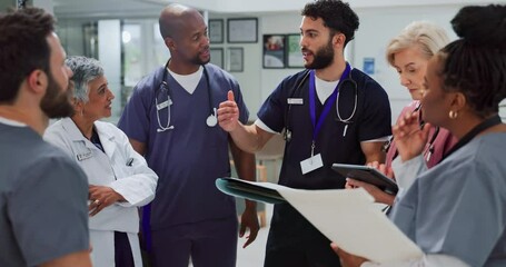 Paperwork, people and medical team planning, discussion and collaboration in hospital. Documents, group and healthcare workers talking, cooperation or nurses meeting with doctor for wellness report - Powered by Adobe