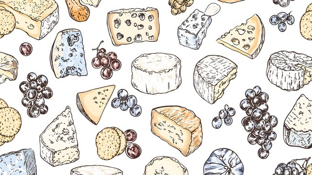 Cheese Patchwork : Cheese pattern. An overhead view of various cheese types—cheddar, Swiss, blue, and more—forming a patchwork pattern. Accompanied by grapes and crackers, it offers plenty of 