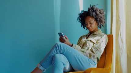 A woman is sitting in a chair and looking at her cell phone