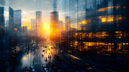 Obraz premium Cityscape with Sunset Reflection in Glass Building - Illustration