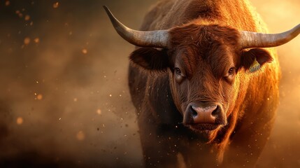 This evocative photograph features a regal bull taking a measured and calm stride through a dusty field, embodying strength, endurance, and tranquility.