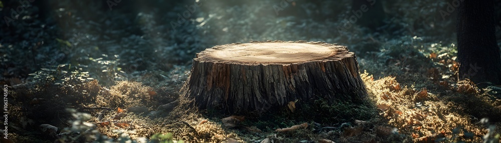 Poster sunlit tree stump in a forest setting