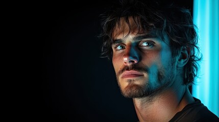 Fototapeta premium A man's concentrated gaze is captured with vibrant lighting, creating a scene reminiscent of cinematic artistry, evoking strength and determination.