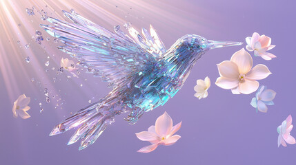 A surreal composition of a giant crystal hummingbird with shimmering, translucent wings in mid-flight, delicately surrounded by floating flowers in pastel hues.