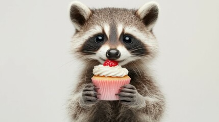 Cute raccoon holding a cupcake with cream and a cherry on top.