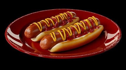 Hot dogs on a red plate, each decorated beautifully with drizzles of mustard and ketchup, making them look delicious and appealing.