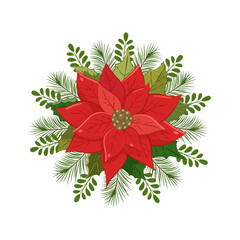 Christmas flowers. A vibrant holiday wreath featuring red poinsettias, green leaves, and white berries arranged for festive decoration during winter