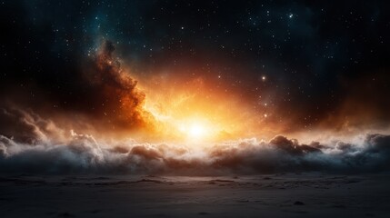 A breathtaking cosmic scene capturing the glow of dawn over a misty cloud landscape, set against a star-filled space backdrop. Evokes feelings of wonder and exploration.