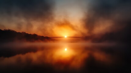 Obraz premium A mesmerizing sunset view with a bridge silhouette reflected on calm river waters, surrounded by mist and enhancing the tranquil atmosphere of the scene.