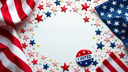Obraz premium Composition of stars and US flags in red, white and blue, next to an I Voted button. Illustration of Background with US Flag and I Voted Pin for USA Elections 2024.