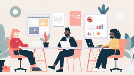 Three people are sitting at a table in a cubicle