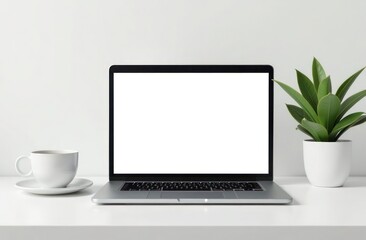 Minimalistic workspace setup with laptop, coffee cup, and green plant