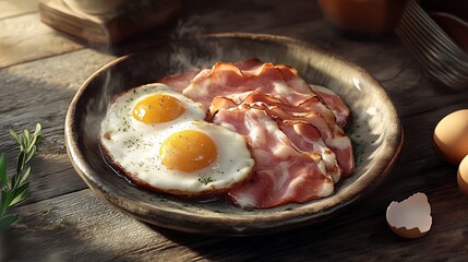 Smoked ham and sunny-side-up eggs arranged beautifully on a plate. The setting should be on a rustic dining table, with natural textures like wood to enhance the homely, warm atmosphere.