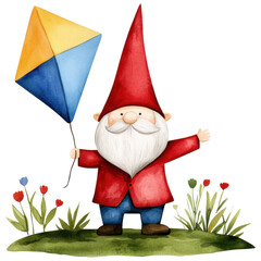 Whimsical gnome holding a colorful kite in a vibrant garden setting.