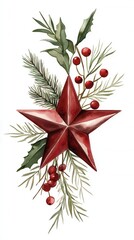 Watercolor Christmas star with festive greenery decoration