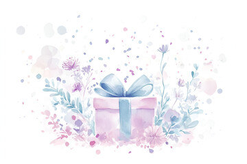 Obraz premium Watercolor gift box with a ribbon, surrounded by pastel pink and blue flowers and greenery, creating a soft and whimsical celebration scene