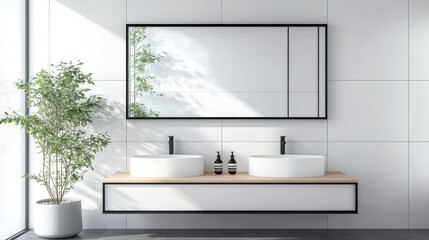 bright modern bathroom with  sinks and a big rectangle