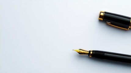 Elegant Black Fountain Pen with Gold Trim on White Background 