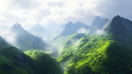 Obraz premium Top view of a lush green valley on a summer sunny day. Panoramic view with mountain ranges on the horizon. Nature background. Illustration for cover, card, postcard, interior design, decor or print.