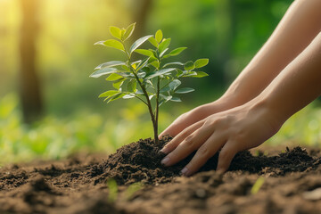 Fototapeta premium Hands Planting Young Tree Sapling in Soil