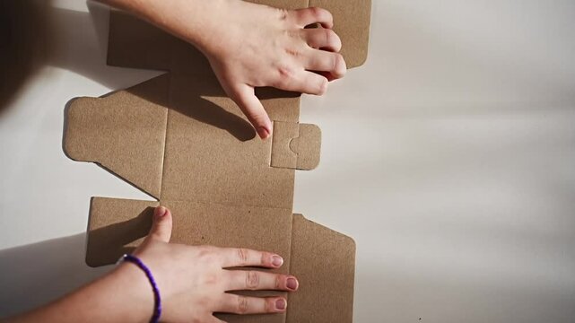 hands folding branded cardboard box for scented candle packaging.